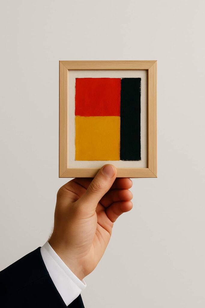 A man's hand in a navy suit holds a small wooden frame featuring an abstract painting with red, yellow, and black color blocks, symbolizing the concept of fractional art ownership.