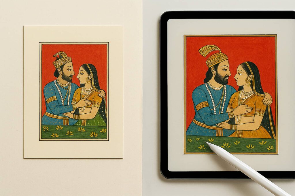 A hand holds a traditional Indian miniature painting on handmade paper next to a tablet displaying the same artwork digitally, with a stylus placed nearby—symbolizing the transition of Indian art from physical to digital formats.